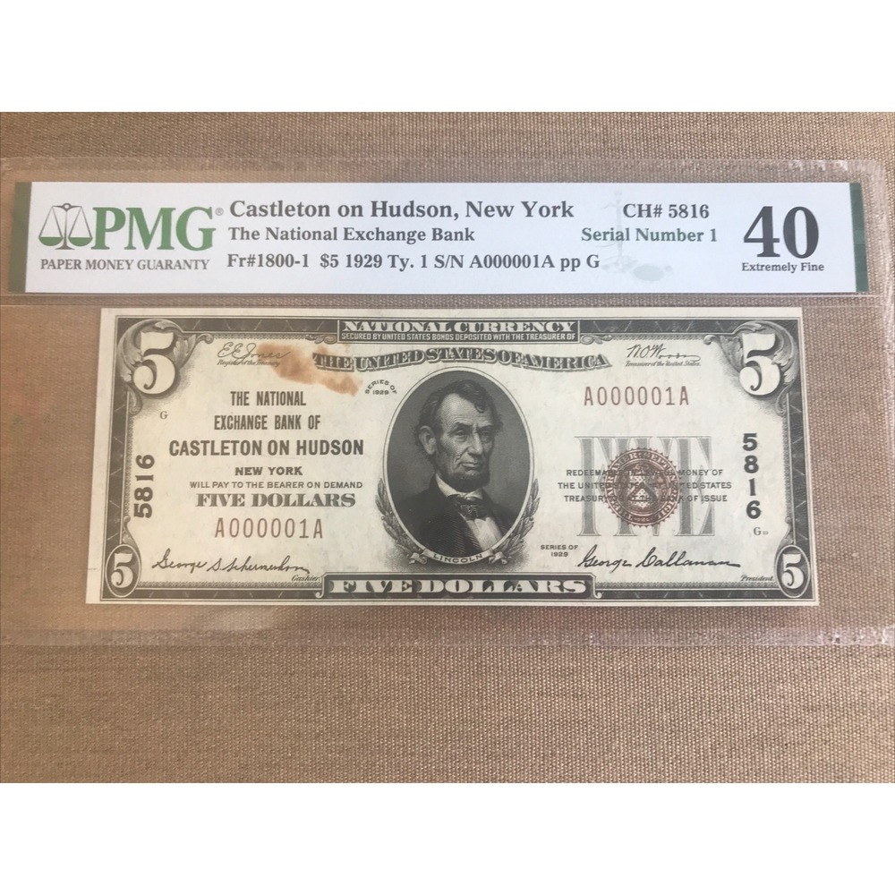 SERIAL NUMBER #1  1929 $5 Castleton on Hudson, NEW YORK NY PMG 40 STAINS
